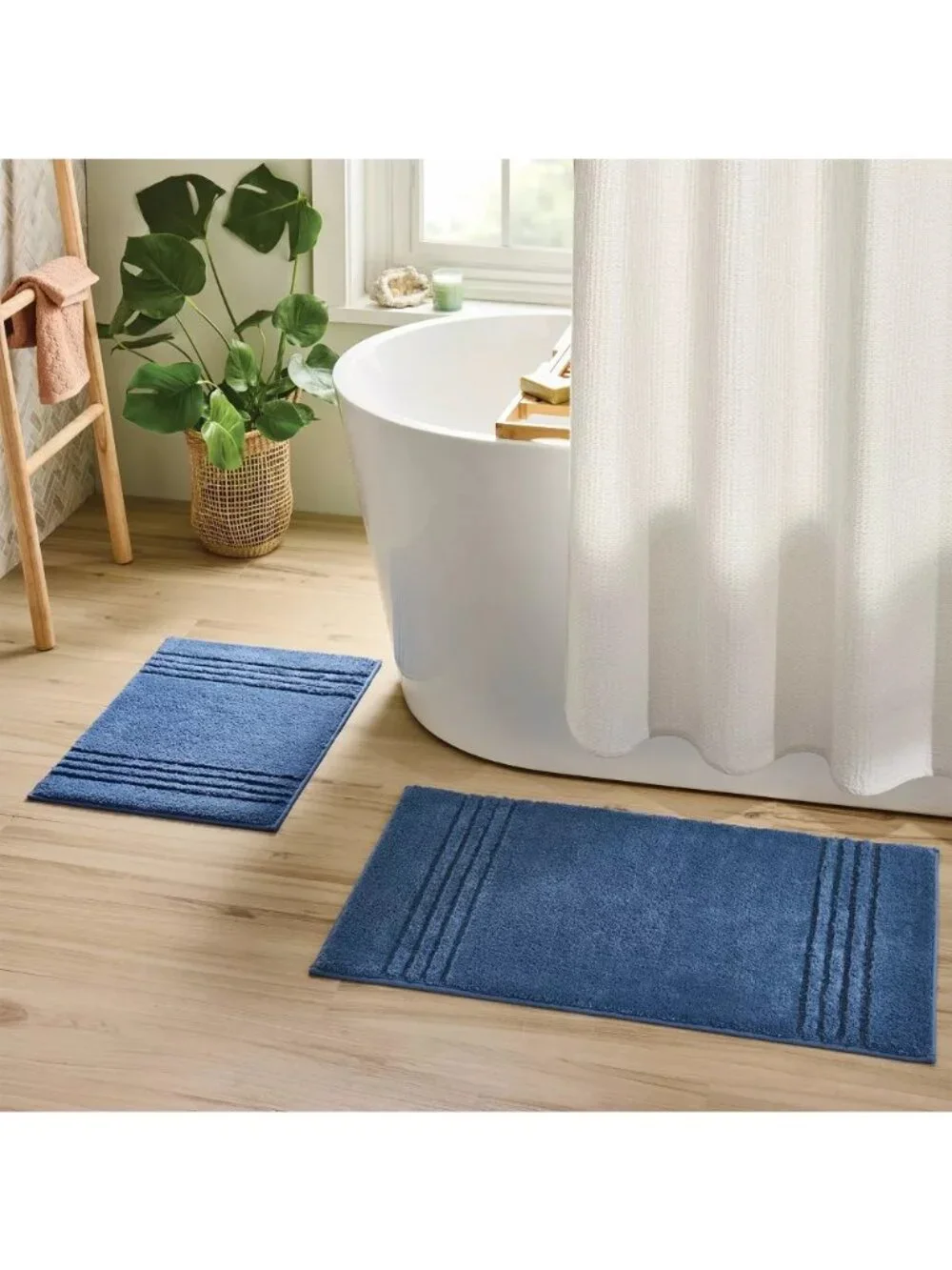 Threshold Performance Plus Textured Fabric Striped Non Skid 2 Blue Bath Mat OOS